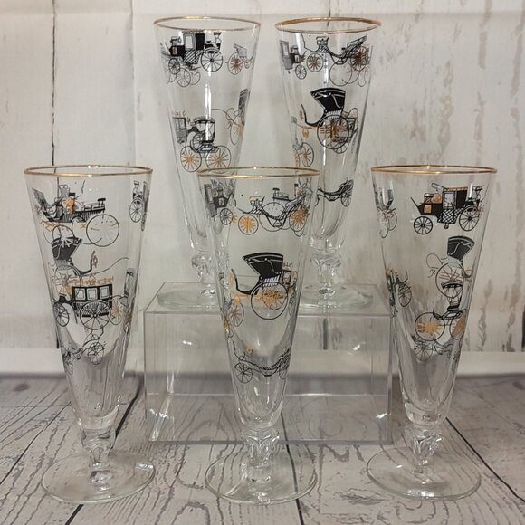 Libbey Champagne Glass Curio Carriage Set Of 5 Trumpet Fluted MCM Black Gold Car - Picture 1 of 11